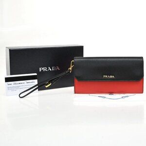 PRADA MILANO Logo Bifold Long Wallet Vitello Move Leather Black Red